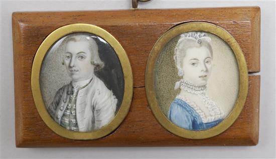 A pair of George III portrait miniatures of Sir Phillip and Lady Monoux of Wooton House, Bedford 3.5 x 2.75cm.